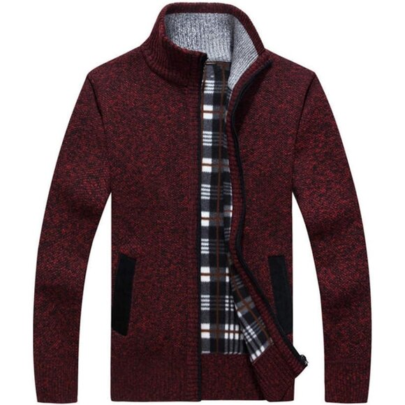 Men Purplered Casual Slim Full Zip Knited Polyester Cardigan Sweater with Pocked - Picture 1 of 5
